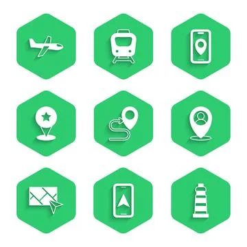 Set Route location, City map navigation, Lighthouse, Location with person, Ma Stock Illustration