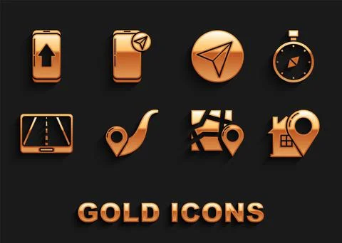 Set Route location, Compass, Map pointer with house, Folded map marker Illustrazione stock