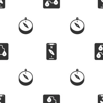 Set Route location, Compass mobile and on seamless pattern. Vector Stock Illustration