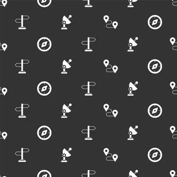 Set Route location, Compass, Road traffic sign and Radar on seamless pattern Stock Illustration
