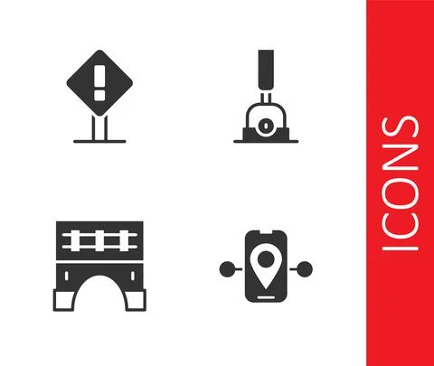 Set Route location, Exclamation mark in square, Bridge for train and Arrow Illustrazione stock