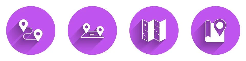 Set Route location, Folded map and with marker icon with long shadow. Vector Stock Illustration