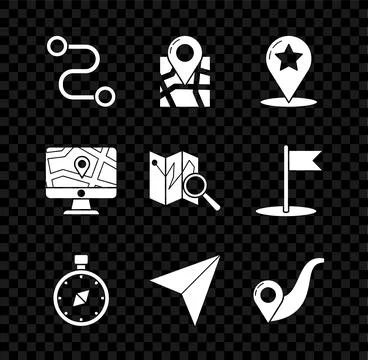 Set Route location, Folded map with marker, Map pointer star, Compass, Paper Stock Illustration
