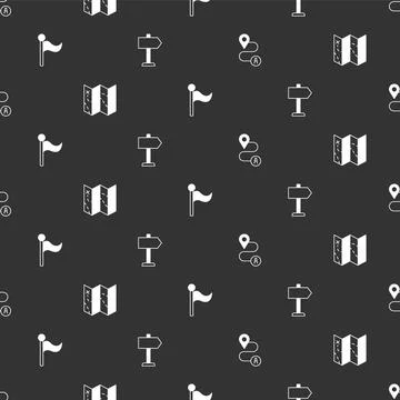 Set Route location, Folded map, Flag and Road traffic sign on seamless patt.. Stock Illustration