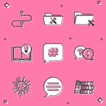Set Route location, Folder service, Interesting facts, Hashtag speech bubble Stock Illustration