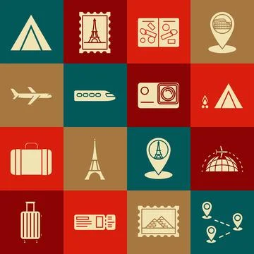 Set Route location, Globe with flying plane, Tourist tent wood fire, Passpo.. 스톡 일러스트