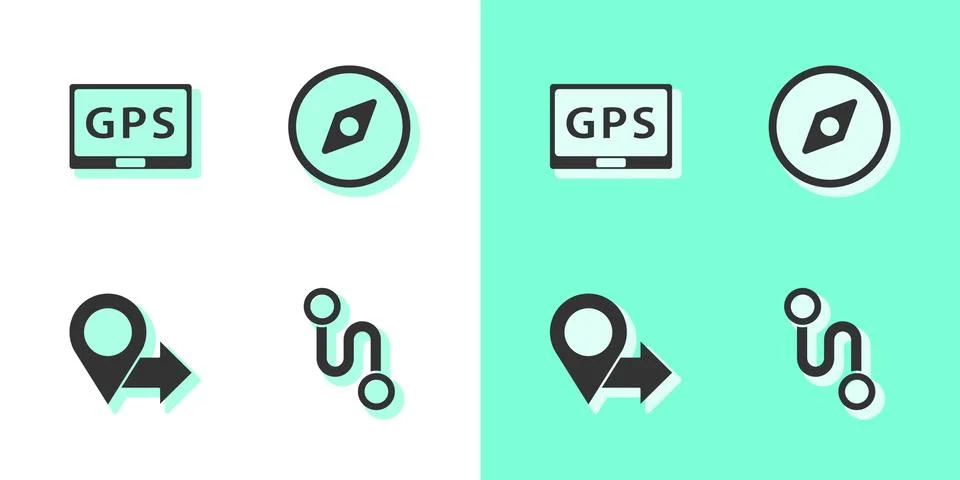Set Route location, Gps device with map, Location and Compass icon. Vector Stock Illustration