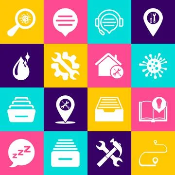 Set Route location, Interesting facts, Bacteria, Headphones with speech bubble Stock Illustration