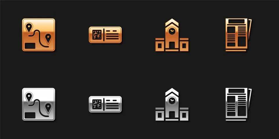 Set Route location, QR code ticket train, Railway station and News icon. Vector Stockillustratie