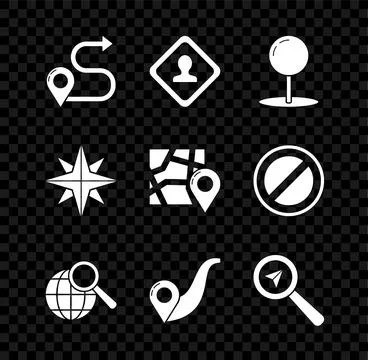 Set Route location, Road traffic sign, Push pin, Magnifying glass with glob.. Stock Illustration