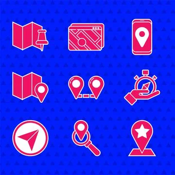 Set Route location, Search, Map pointer with star, Compass, Infographic of city Illustrazione stock