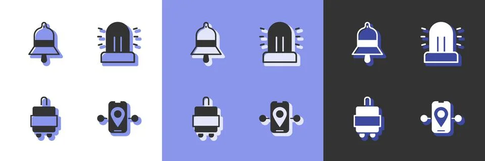 Set Route location, Train station bell, Suitcase and Flasher siren icon. Vector Illustration