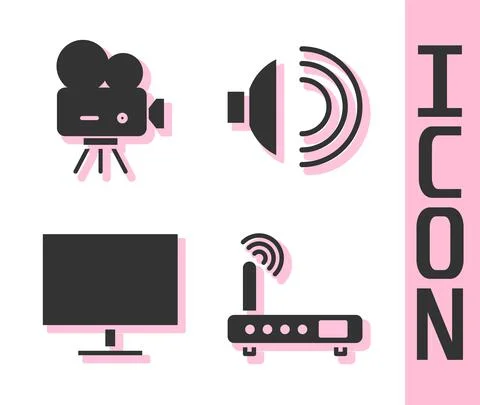 Set Router and wi-fi signal, Retro cinema camera, Computer monitor screen and Stock Illustration