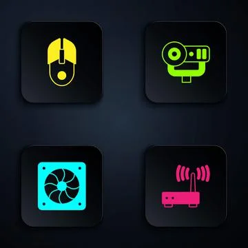 Set Router and wi-fi signal, Computer mouse, cooler and Web camera. Black square 스톡 일러스트