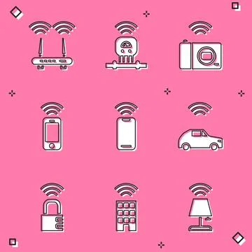 Set Router and wi-fi signal, Smart sensor, photo camera, Wireless smartphone Stock Illustration