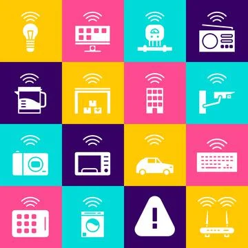 Set Router and wi-fi signal, Wireless keyboard, Smart security camera, sensor Stock Illustration
