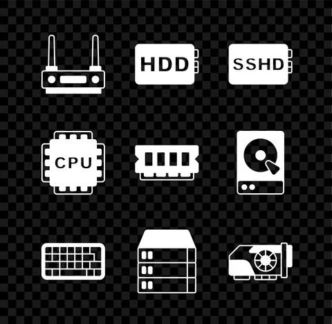 Set Router and wi-fi signal, Hard disk drive HDD, SSHD card, Keyboard, Server Illustrazione stock