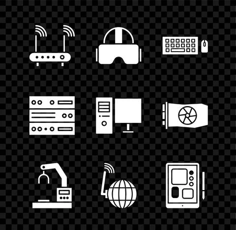 Set Router and wi-fi signal, Virtual reality glasses, Keyboard mouse, Robotic Illustrazione stock