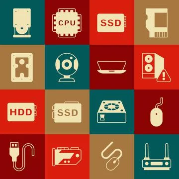 Set Router and wi-fi signal, Computer mouse, Case of computer, SSD card, Web Stock Illustration