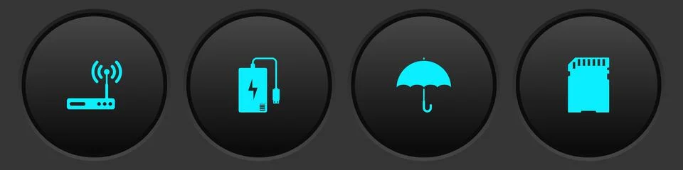 Set Router and wi-fi, Power bank, Umbrella and SD card icon. Vector Illustration