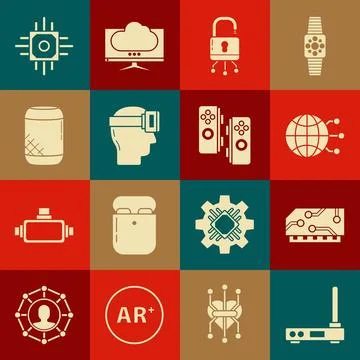 Set Router and wi-fi signal, RAM, random access memory, Global technology social Illustrazione stock