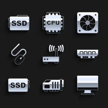 Set Router and wi-fi signal, Video graphic card, Computer monitor screen, R.. Illustrazione stock