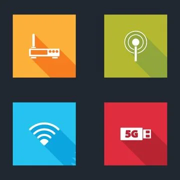 Set Router and wi-fi signal, Antenna, Wi-Fi wireless network and 5G modem ico Stock Illustration