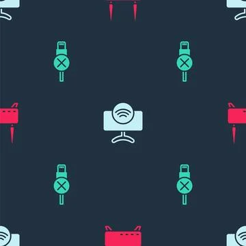 Set Router and wi-fi signal, Smart Tv system and No usb cable cord on seaml.. Stock Illustration