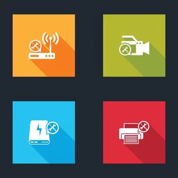 Set Router wi-fi service, Video camera, Power bank and Printer icon. Vector Stock Illustration
