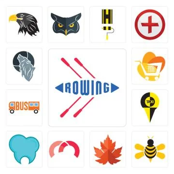 Set of rowing, honey bee, maple leaf, m, dental clinic, , trolley, wolf icons Free Stock Illustration