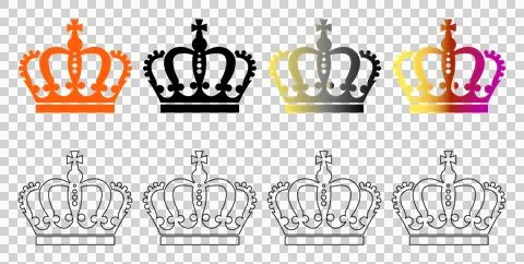 Set of royal crown icons in various solid colors and outline styles isolated Stock Illustration