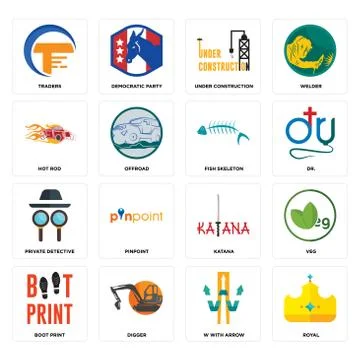 Set of royal, w with arrow, boot print, katana, private detective, fish skele Free Stock Illustration