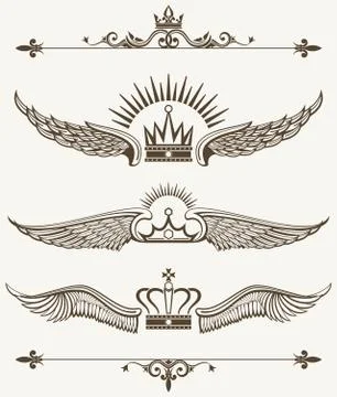Set of royal winged crowns design elements Illustrazione stock