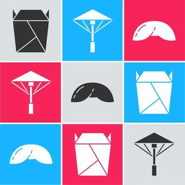 Set Rstaurant opened take out box filled, Japanese umbrella from the sun and  Stock Illustration