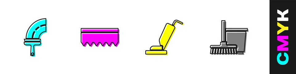 Set Rubber cleaner for windows, Sponge, Vacuum and Mop and bucket icon. Vector Illustrazione stock