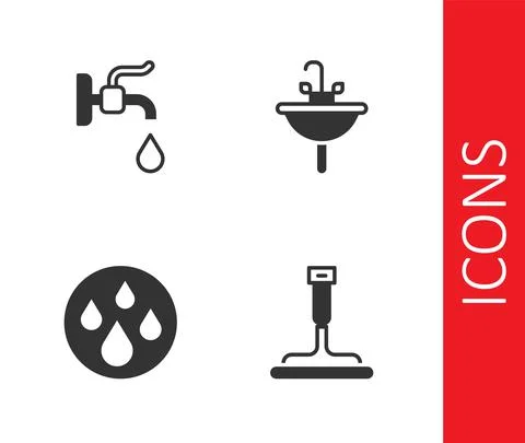 Set Rubber cleaner for windows, Water tap, drop and Washbasin icon. Vector 스톡 일러스트