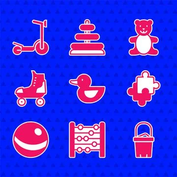 Set Rubber duck, Abacus, Sand in bucket, Puzzle pieces toy, Beach ball, Roller Stock-Illustration