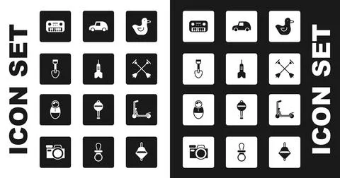Set Rubber duck, Dart arrow, Shovel toy, Toy piano, Arrow with sucker tip, car Stock-Illustration