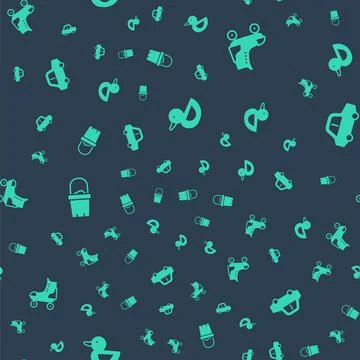 Set Rubber duck, Roller skate, Sand in bucket and Toy car on seamless pattern Stock Illustration