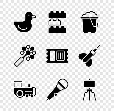 Set Rubber duck, Toy building block bricks, Sand bucket, train, Microphone,.. Stock Illustration