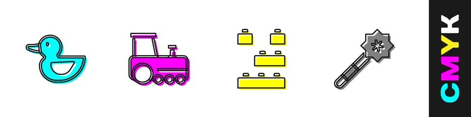 Set Rubber duck, Toy train, building block bricks and Magic wand icon. Vector Ilustración de archivo