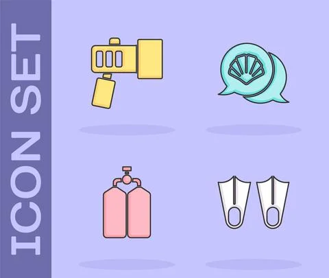 Set Rubber flippers, Flashlight, Aqualung and Scallop sea shell icon. Vector Stock Illustration