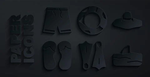 Set Rubber flippers for swimming, Elegant women hat, Flip flops, Shark fin ocean Stock Illustration