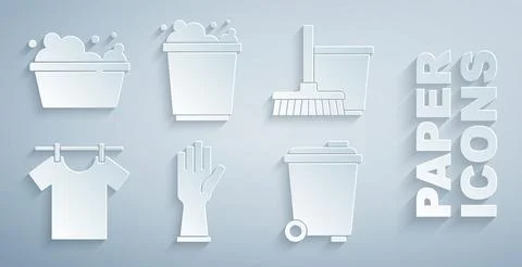 Set Rubber gloves, Mop and bucket, Drying clothes, Trash can, Bucket with foam Stock-Illustration