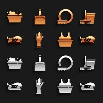 Set Rubber gloves, Mop and bucket, Temperature wash, Basin with shirt, Washing Stock-Illustration