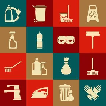 Set Rubber gloves, Mop, Squeegee, scraper, wiper, and bucket, Plastic bottles Stock-Illustration