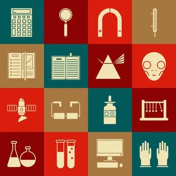 Set Rubber gloves, Pendulum, Extraterrestrial alien face, Magnet, Open science Illustrazione stock
