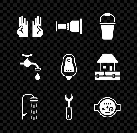 Set Rubber gloves, Pipe adapter, Bucket, Shower, Wrench spanner, Water meter Stock-Illustration
