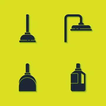 Set Rubber plunger, Fabric softener, Dustpan and Shower head icon. Vector Stock Illustration