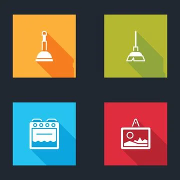 Set Rubber plunger, Handle broom, Oven and Picture icon. Vector Illustration